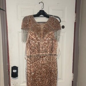 MAC DUGGAL 5452 Beaded Fringe Cap Sleeve Column Gown In Copper Women's Size 14